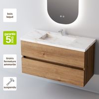 Meuble de salle de bain plan vasque Grès Cérame Blanc Storm, 2 Tiroirs,l80xh54xp45, Chêne Naturel, ANCONA