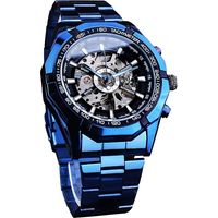 Montre homme automatique squelette ajourée de luxe, bracelet en acier inoxydable bleu et noir, étanche