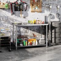 Werkbank aus Edelstahl mit 2 Ablagen, für Werkstatt, Garage, Schuppen, 120 x 60 x 86 cm, silber