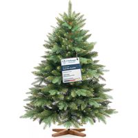 Sapin de Noël artificiel Nordmann 120 cm – Branches en PE vert foncé – Pied en bois – Arbre réaliste fait main en Europe – Fairytrees
