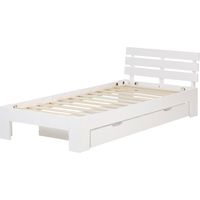 Letto singolo in legno di pino bianco 90x200 con rete a doghe e cassetto portaoggetti LIT06231