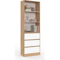 CARLA Libreria a 3 livelli con 3 cassetti bianchi ed effetto legno H.190 cm