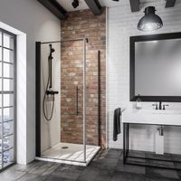 Porte de douche pivotante + paroi de retour fixe, verre 5 mm anticalcaire, style atelier industriel, profilé noir, Schulte, 80 x 80 x 193 cm