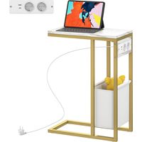 Table d'appoint forme C station de charge sac rangement plateau marbre blanc 46x25x62.5 cm