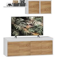 Set Mobile TV e Armadietto a Muro con 7 Ripiani e Scaffale Aperto, in Legno, 120x41x43.3 cm, Bianco e color Legno