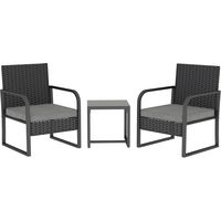Salotto da Giardino in Rattan con 2 Poltrone da Esterno e Tavolino con Piano in Vetro, Nero