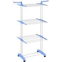 Tendedero vertical plegable con ruedas 3 niveles alas plegables 73x64x172 cm azul y blanco