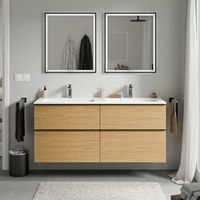 BERNSTEIN - Meuble vasque suspendu MDF Chêne miel, lavabo fonte Blanc mat + trou robinet, poignée Chrome - 140x46x62cm - LAVOA