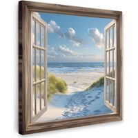 CUADRO EN LIENZO Vista - Playa - Ventana - Dunas - Mar Pared Decoracion Grande 90x90 cm