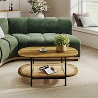 Ovaler Holzcouchtisch, Boho Rattan Couchtisch mit Ablageflächen und schwarzen Tischbeinen