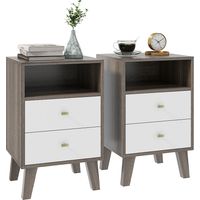 Set di 2 Comodini Moderni per Camera da Letto, Coppia di Comodini con 2 Cassetti e Vano Aperto, 40x34x64cm, Grigio e Bianco