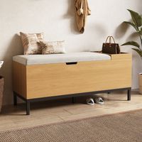 Holz-Aufbewahrungsbank 115 x 49,5 x 40 cm, Schuhbank Eingangsbank mit Kissen – hellgrauer Stoff und natürliches Holz