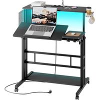 Dripex Bureau debout réglable en hauteur avec prises, bureau assis-debout avec roulettes, plateau inclinable, 80 x 60 cm, pour ordinateur portable, station de travail, noir