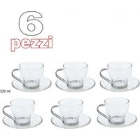 6 Tazza Da Cappuccino Tisana Caffe' In Vetro Con Manico Acciaio Con Piattino -