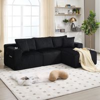 3-4-Sitzer-Sofa – Sofagarnitur mit 5 Kissen, Seitentaschen und Getränkehaltern – aus Cord – schwarz