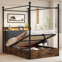 Cama individual con dosel 201,5/208,6/96,6 cm negra de metal con almacenaje hidráulico, LED y USB-C