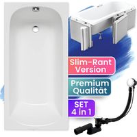 Badewanne Rechteck 140x70 mit Styroporverkleidung (Ablage 4cm), Ablauf & Füße GRATIS - Komplettset 4in1 Original Acryl Wanne - BADLAND CLASSIC SLIM