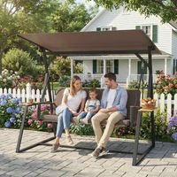 balançoire de jardin 3 places avec toit réglable, balançoire extérieure en métal avec porte-gobelet, coussins rembourrés, portée 360 kg, pour terrasse balcon, 222x131x175 cm, Marron