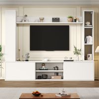Ensemble mural TV 180x35x33,5 cm 4 pièces avec vitrines et meuble média,panneau TV étagères murales adapté TV jusqu’à 80 pouces blanc et bois.
