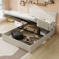 Cama con almacenaje 140x200cm Cabecero acolchado terciopelo holandés tejido y metal beige (Sin colchón)
