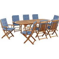 Conjunto de jardín 8 plazas de madera de acacia clara con mesa ovalada y sillas plegables con cojines azules Maui Premium