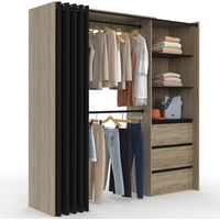 Idmarket – Dressing modulable extensible 120/170 x 50 x 180 cm – Hêtre avec 3 tiroirs et étagères – Double penderie avec rideau noir