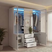 Armoire dressing 130 cm avec miroir central et LED, armoire de chambre blanche , grande penderie, 3 tiroirs, compartiments de rangement et miroir plein pied