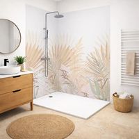 99Déco – Pack de 2 panneaux muraux de douche en PVC 90x220 cm et 120x220 cm – Profilés blancs – Motif végétal beige – Installation rapide et facile