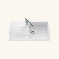 Évier granit blanc 100x50 cm – Évier encastrable 1 bac réversible – Vidage manuel inclus – Bonde et siphon fournis – EWI