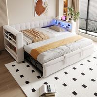 Letto a scomparsa 90/180×190 cm - con LED, prese di corrente e numerosi vani portaoggetti - flanella - beige