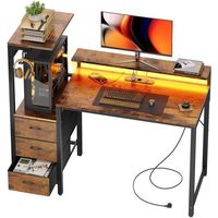 EcoFurnix Bureau Gaming mit LED 112 cm – Computertisch mit Bildschirmhalter, Regale und Stoffschublade – Braun
