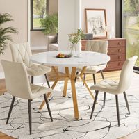 Jeu de table et de chaise, Jeu de table et de chaise (5 pièces), Jeu de table et de chaise moderne, simple, rond en marbre, pieds de table dorés en métal + 4 chaises en velvet ergonomiques, beige Essz