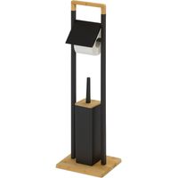 Ensemble WC Relaxdays, bambou, porte-rouleau sur pied, brosse WC avec support, 76,5 x 28 x 18 cm, noir