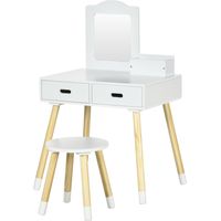 Tocador infantil madera con espejo y taburete centro belleza 2 cajones 60x40x95cm blanco