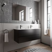 BERNSTEIN - Meuble double vasque suspendu MDF Noir mat, 2 lavabos fonte Blanc mat + trous robinets - 120x46x50cm - AVA BRUXELLES