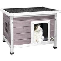Vounot – Maisonnette pour chat en bois gris – toit incliné bitumé – fenêtre en plexiglas – lamelles PVC pour circulation d'air – dimensions 57x45x43 cm