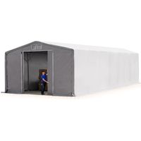 8x16m hangar TOOLPORT, PRIMEtex PVC 2300 N gris, H. 4m avec porte coulissante, avec statique (type de sol : terre)