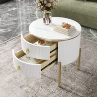 Beistelltisch Rund mit 2 Schubladen, Höhenverstellbaren Füßen, Marmoroptik und Golddetails, aus MDF, Weiß, Ø50×51 cm