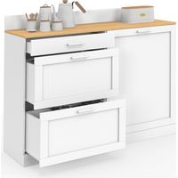 Idmarket – Buffet bas de cuisine 120 cm – Casserolier avec 1 porte et 3 tiroirs – Plan de travail H.83 cm – Blanc et bois hêtre