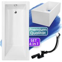 Badewanne Rechteck 140x70 mit Wannenträger, Ablaufgarnitur & Füßen GRATIS - Komplettset 4in1 Original Acryl Wanne Siphon - BADLAND MODERN