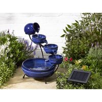 Fontaine d'intérieur solaire cascade céramique bleu – Hauteur 49 cm – 5 poteries – Autonome avec panneau solaire 1,5W – Garden Mile
