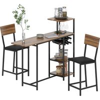 Conjunto de Mesa de Bar con Laterales Abatibles Soporte para Vinos y 2 Taburetes de Estilo Industrial Marrón y Negro