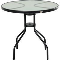 Outsunny Mesa de Jardín Redonda Mesa Comedor de Cristal Templado con Agujero para Sombrilla y Estructura Metálica para Patio Terraza Balcón Exterior Ø80x72 cm Negro