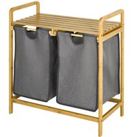 Panier à linge Bambou 2 sacs amovibles étagère salle de bain 63,5x33x73 cm Naturel Gris