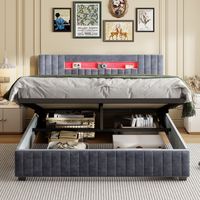 JOOKGBD-Letto Contenitore 160x200 cm,Letto Matrimoniale Imbottito,con LED RGB e USB,Ripiano Idraulico,Testiera Imbottita in Velluto,Rete a Doghe Rinforzate,Grigio