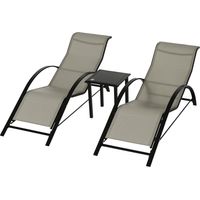 Set di 2 Lettini Prendisole e Tavolino con Piano in Vetro, 59x169x66 cm, Grigio