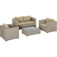 Set 4 Pz Salotto da Esterni in Rattan con 1 Divano, 2 Poltrone e 1 Tavolino, Kaki e Beige idéal pour aménager votre terrasse, balcon ou jardin, alliant confort et durabilité pour vos moments de dét...