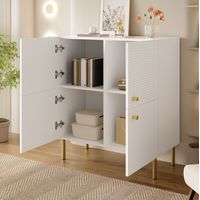 Credenza in MDF bianco 80x36x90 cm con ante a righe verticali, maniglie in lega di zinco e gambe in acciaio