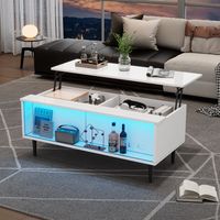 Tavolino da caffè bianco in truciolare 105 x 50 cm, piano alzabile fino a 58 cm con vano contenitore e LED