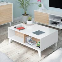 Mobimarket – Table basse relevable blanche en mélamine et chêne canadien – Dimensions 100 x 68 x 38-50 cm – Plateau relevable pour rangement